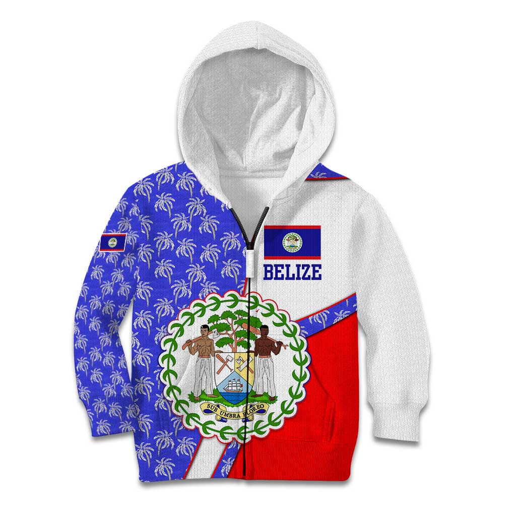 Belize Coat of Arms Kid Hoodie with Palm Pattern and Split Red Blue Design