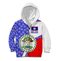 Belize Coat of Arms Kid Hoodie with Palm Pattern and Split Red Blue Design