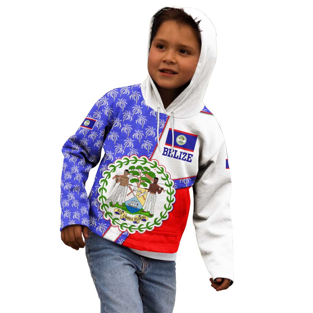 Belize Coat of Arms Kid Hoodie with Palm Pattern and Split Red Blue Design