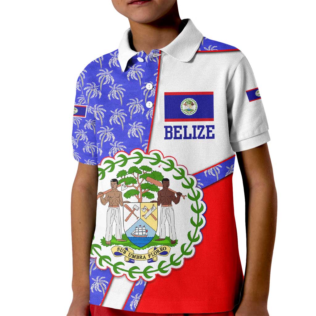 Belize Coat of Arms Kid Polo Shirt with Palm Pattern and Split Red Blue Design