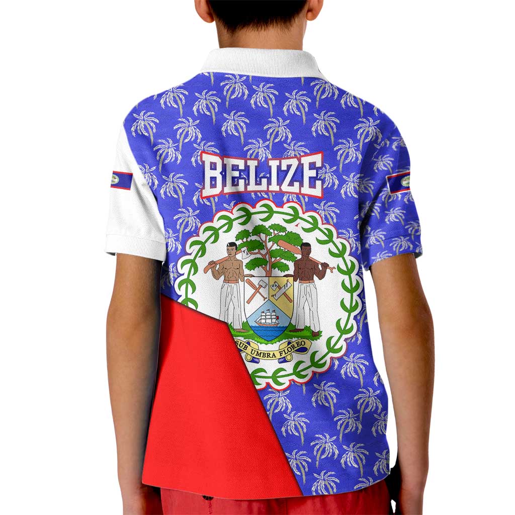 Belize Coat of Arms Kid Polo Shirt with Palm Pattern and Split Red Blue Design