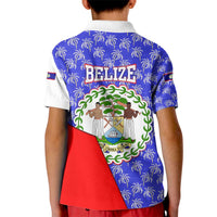 Belize Coat of Arms Kid Polo Shirt with Palm Pattern and Split Red Blue Design