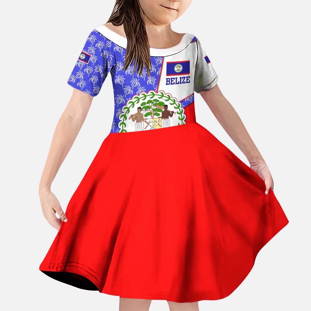 Belize Coat of Arms Kid Short Sleeve Dress with Palm Pattern and Split Red Blue Design