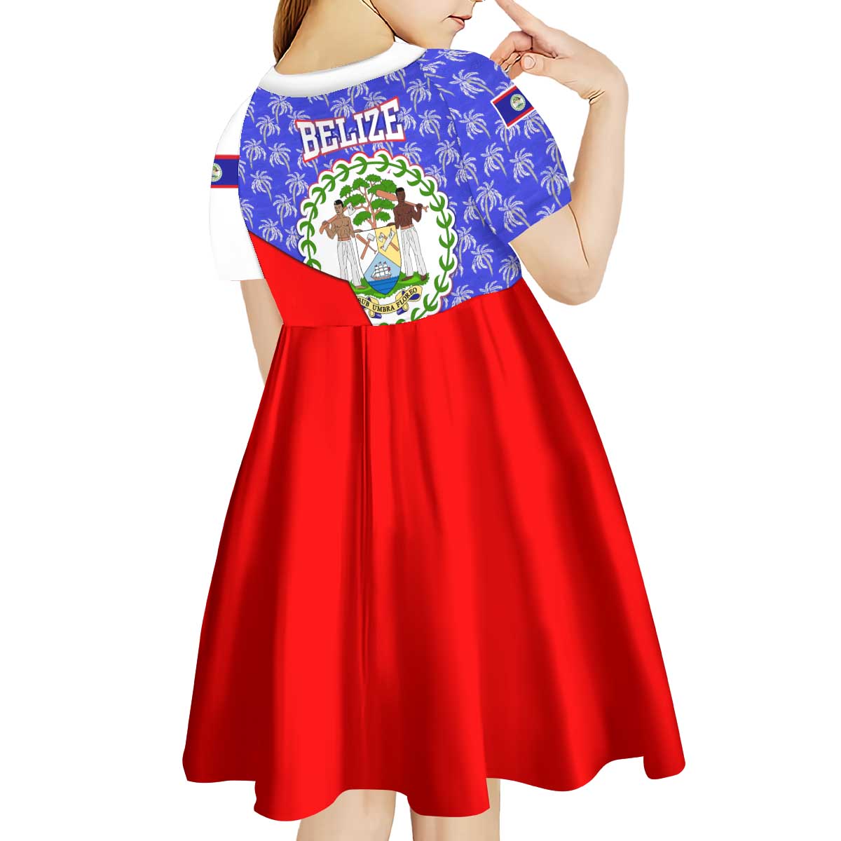 Belize Coat of Arms Kid Short Sleeve Dress with Palm Pattern and Split Red Blue Design