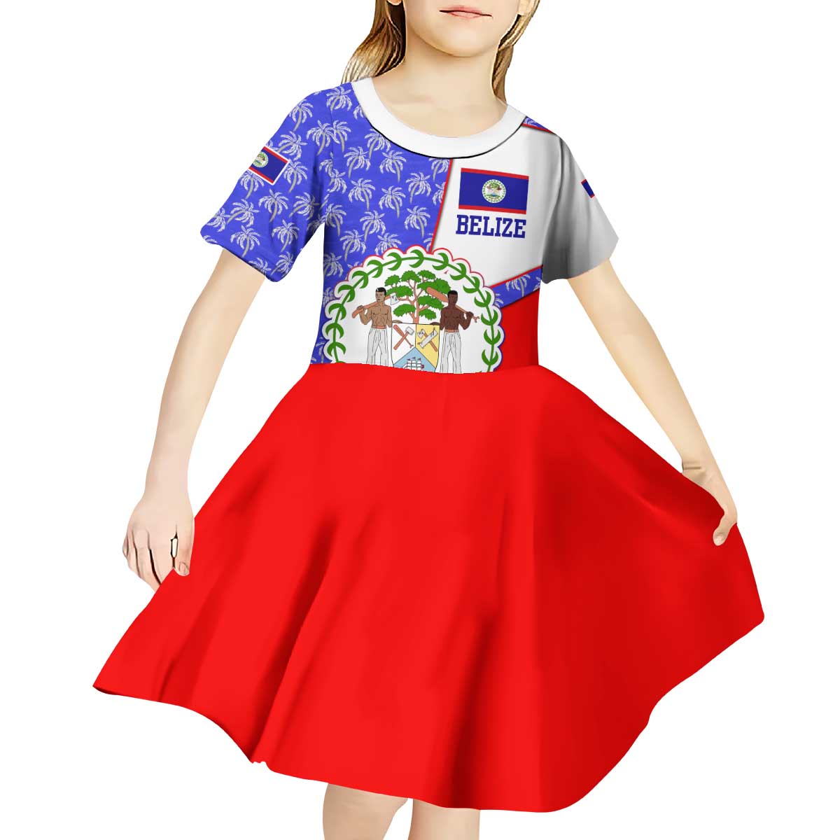Belize Coat of Arms Kid Short Sleeve Dress with Palm Pattern and Split Red Blue Design