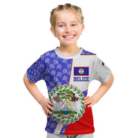 Belize Coat of Arms Kid T Shirt with Palm Pattern and Split Red Blue Design