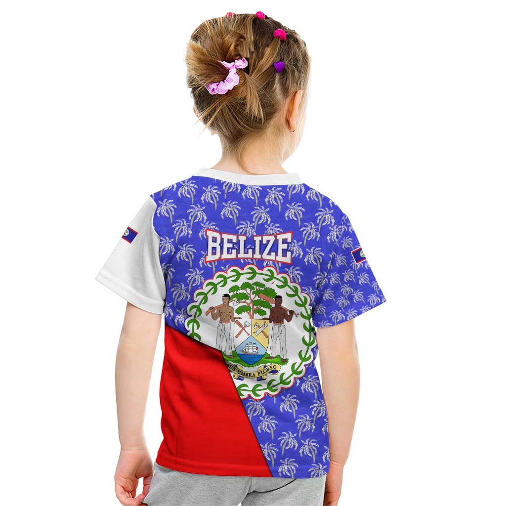 Belize Coat of Arms Kid T Shirt with Palm Pattern and Split Red Blue Design