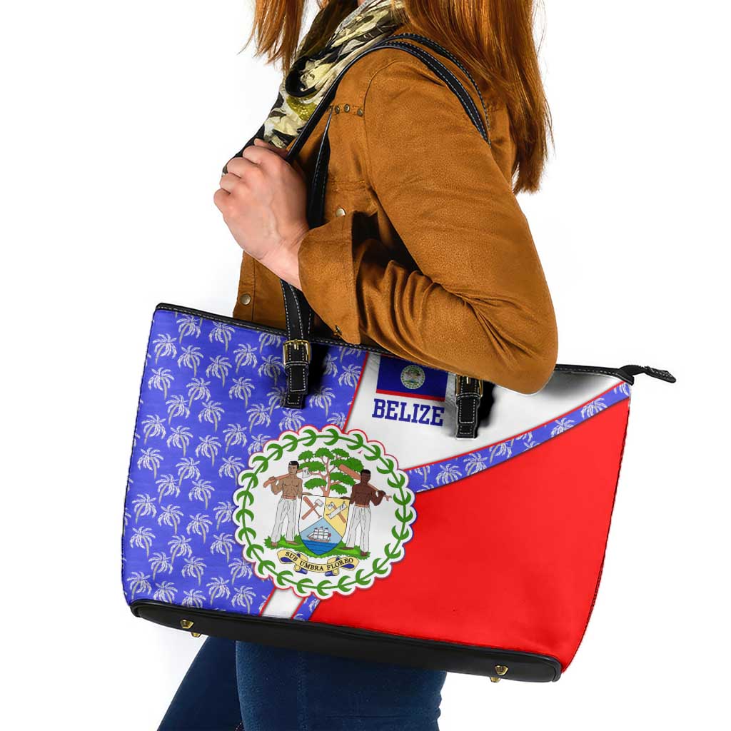 Belize Coat of Arms Leather Tote Bag with Palm Pattern and Split Red Blue Design