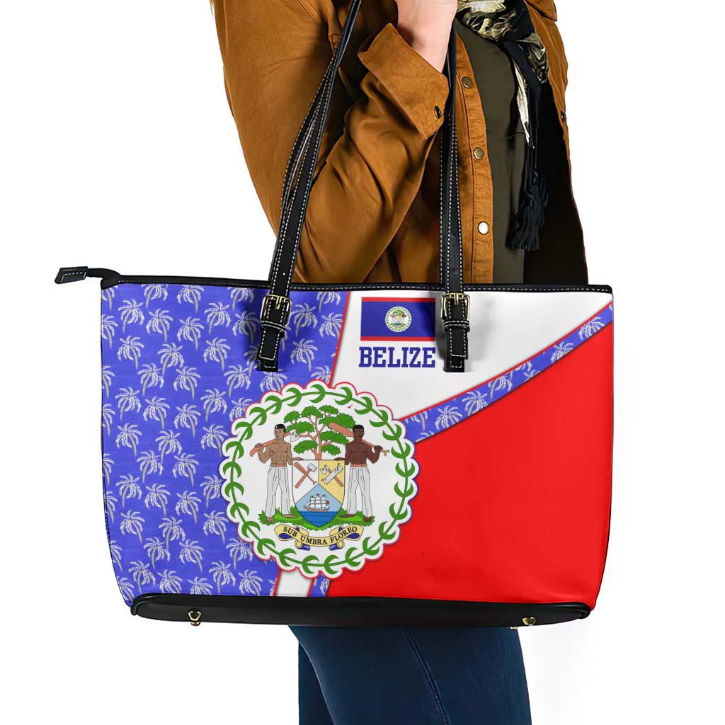 Belize Coat of Arms Leather Tote Bag with Palm Pattern and Split Red Blue Design