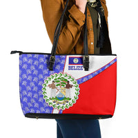Belize Coat of Arms Leather Tote Bag with Palm Pattern and Split Red Blue Design