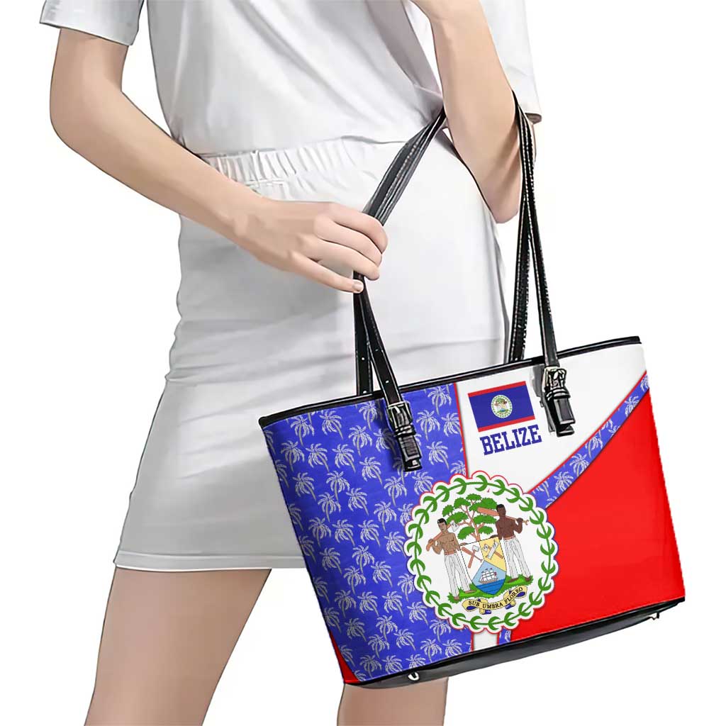 Belize Coat of Arms Leather Tote Bag with Palm Pattern and Split Red Blue Design