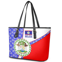 Belize Coat of Arms Leather Tote Bag with Palm Pattern and Split Red Blue Design
