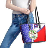 Belize Coat of Arms Leather Tote Bag with Palm Pattern and Split Red Blue Design
