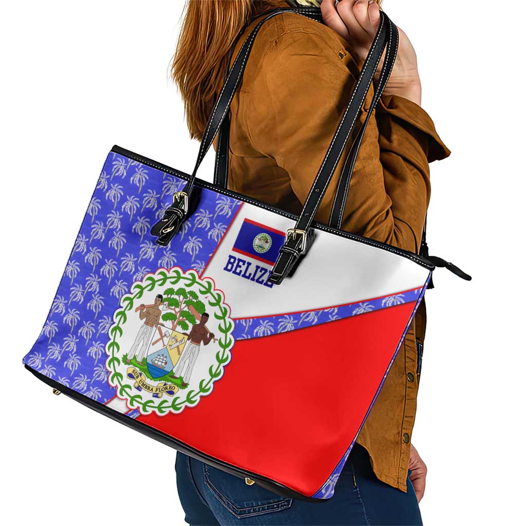 Belize Coat of Arms Leather Tote Bag with Palm Pattern and Split Red Blue Design