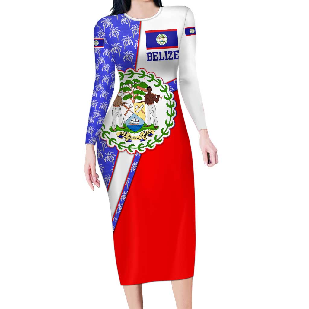 Belize Coat of Arms Long Sleeve Bodycon Dress with Palm Pattern and Split Red Blue Design