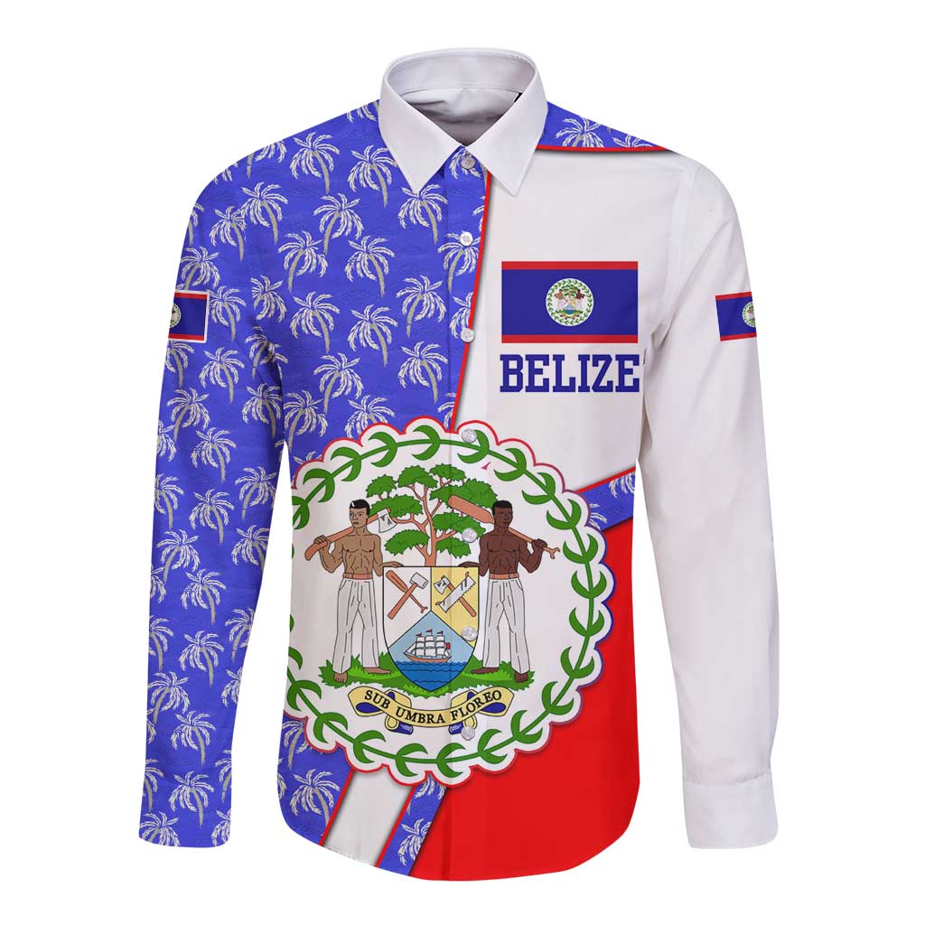 Belize Coat of Arms Long Sleeve Button Shirt with Palm Pattern and Split Red Blue Design