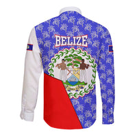 Belize Coat of Arms Long Sleeve Button Shirt with Palm Pattern and Split Red Blue Design