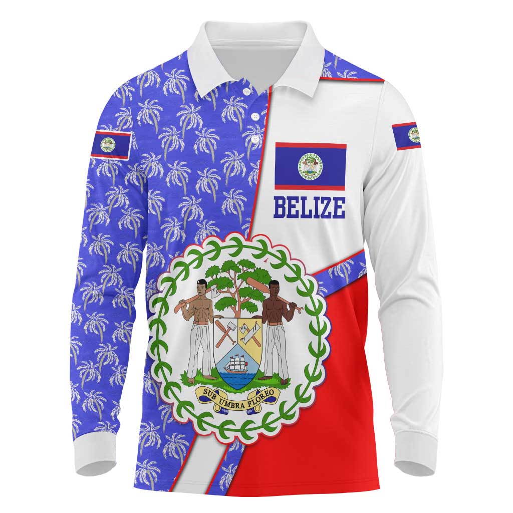 Belize Coat of Arms Long Sleeve Polo Shirt with Palm Pattern and Split Red Blue Design
