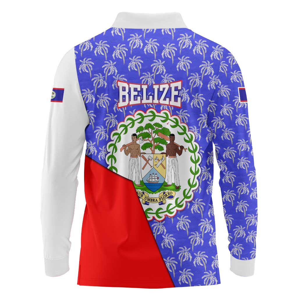 Belize Coat of Arms Long Sleeve Polo Shirt with Palm Pattern and Split Red Blue Design