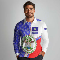 Belize Coat of Arms Long Sleeve Polo Shirt with Palm Pattern and Split Red Blue Design
