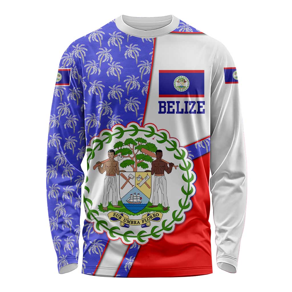 Belize Coat of Arms Long Sleeve Shirt with Palm Pattern and Split Red Blue Design