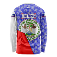 Belize Coat of Arms Long Sleeve Shirt with Palm Pattern and Split Red Blue Design