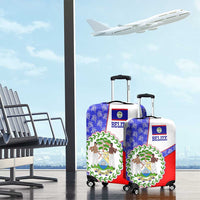 Belize Coat of Arms Luggage Cover with Palm Pattern and Split Red Blue Design