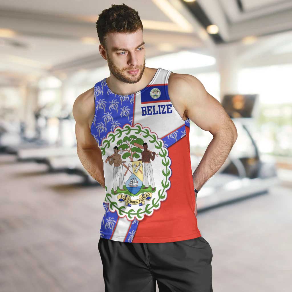 Belize Coat of Arms Men Tank Top with Palm Pattern and Split Red Blue Design