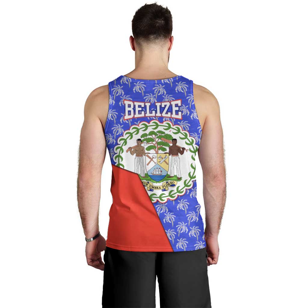 Belize Coat of Arms Men Tank Top with Palm Pattern and Split Red Blue Design