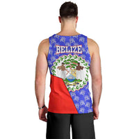Belize Coat of Arms Men Tank Top with Palm Pattern and Split Red Blue Design