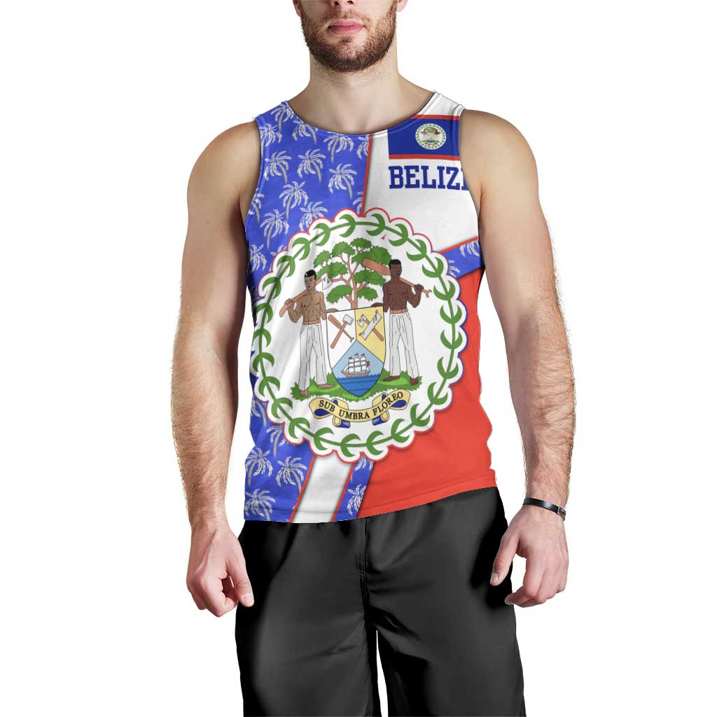 Belize Coat of Arms Men Tank Top with Palm Pattern and Split Red Blue Design