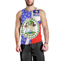 Belize Coat of Arms Men Tank Top with Palm Pattern and Split Red Blue Design