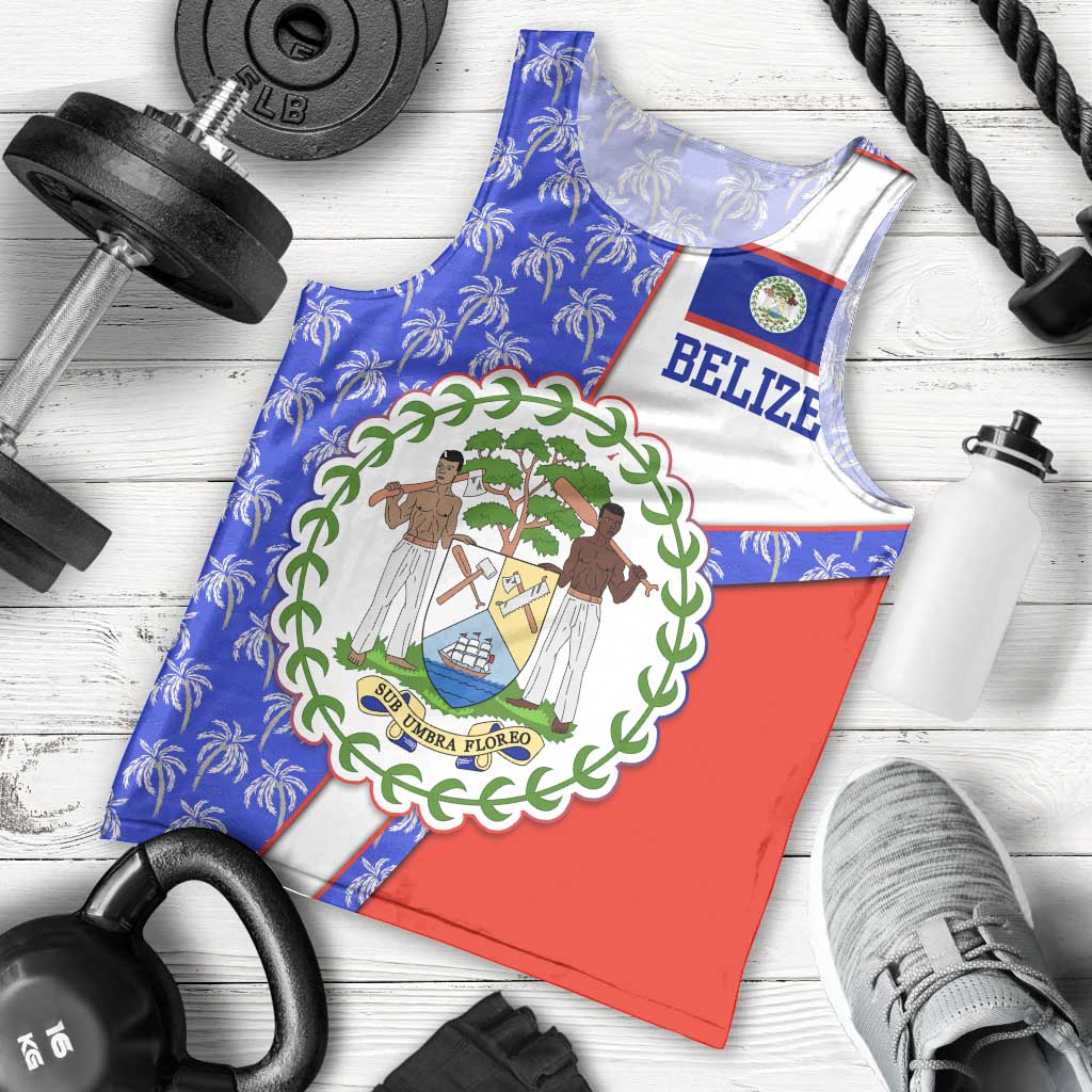 Belize Coat of Arms Men Tank Top with Palm Pattern and Split Red Blue Design