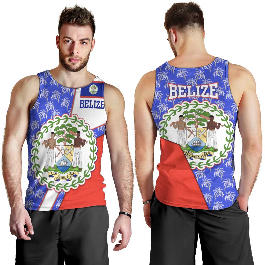 Belize Coat of Arms Men Tank Top with Palm Pattern and Split Red Blue Design