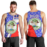 Belize Coat of Arms Men Tank Top with Palm Pattern and Split Red Blue Design
