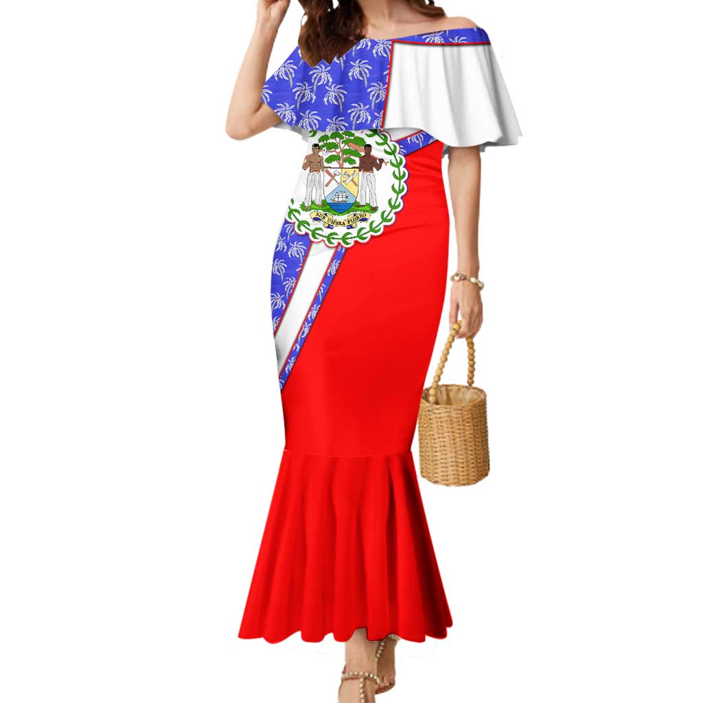 Belize Coat of Arms Mermaid Dress with Palm Pattern and Split Red Blue Design
