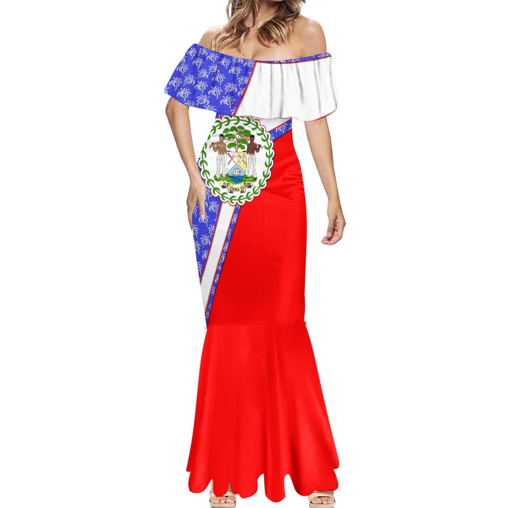 Belize Coat of Arms Mermaid Dress with Palm Pattern and Split Red Blue Design