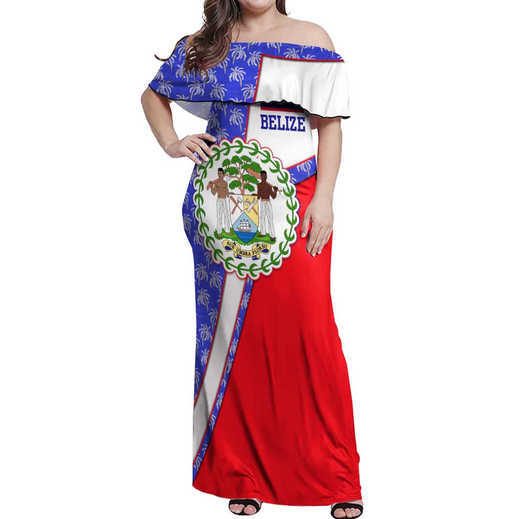Belize Coat of Arms Off Shoulder Maxi Dress with Palm Pattern and Split Red Blue Design