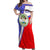 Belize Coat of Arms Off Shoulder Maxi Dress with Palm Pattern and Split Red Blue Design