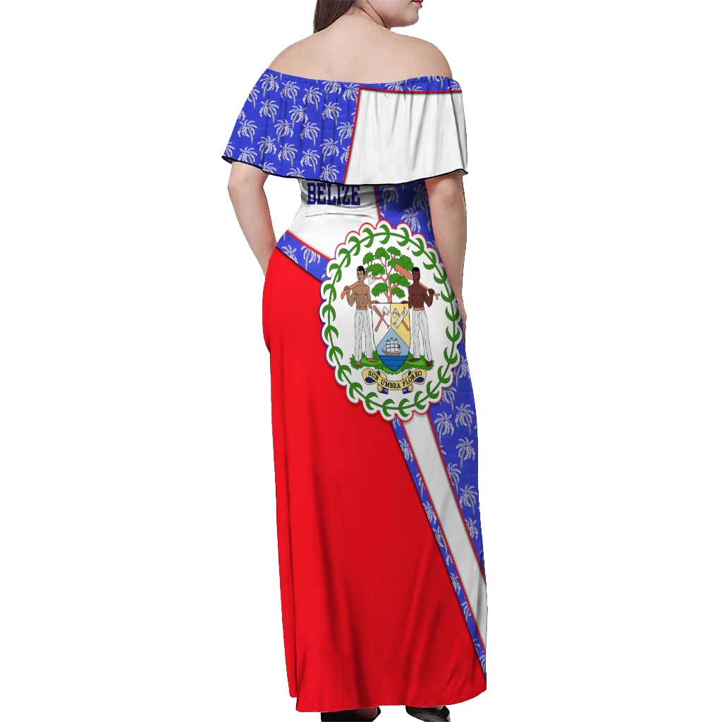 Belize Coat of Arms Off Shoulder Maxi Dress with Palm Pattern and Split Red Blue Design