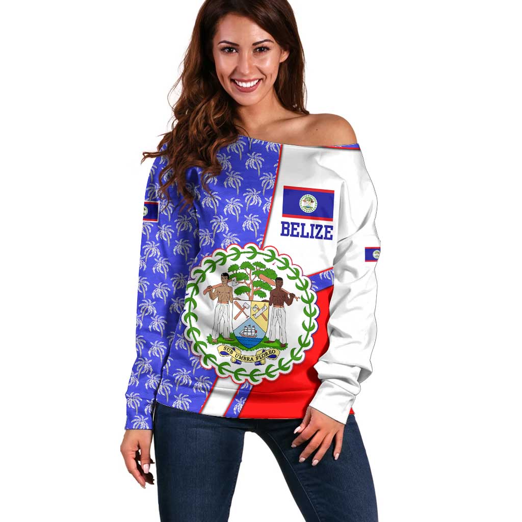 Belize Coat of Arms Off Shoulder Sweater with Palm Pattern and Split Red Blue Design