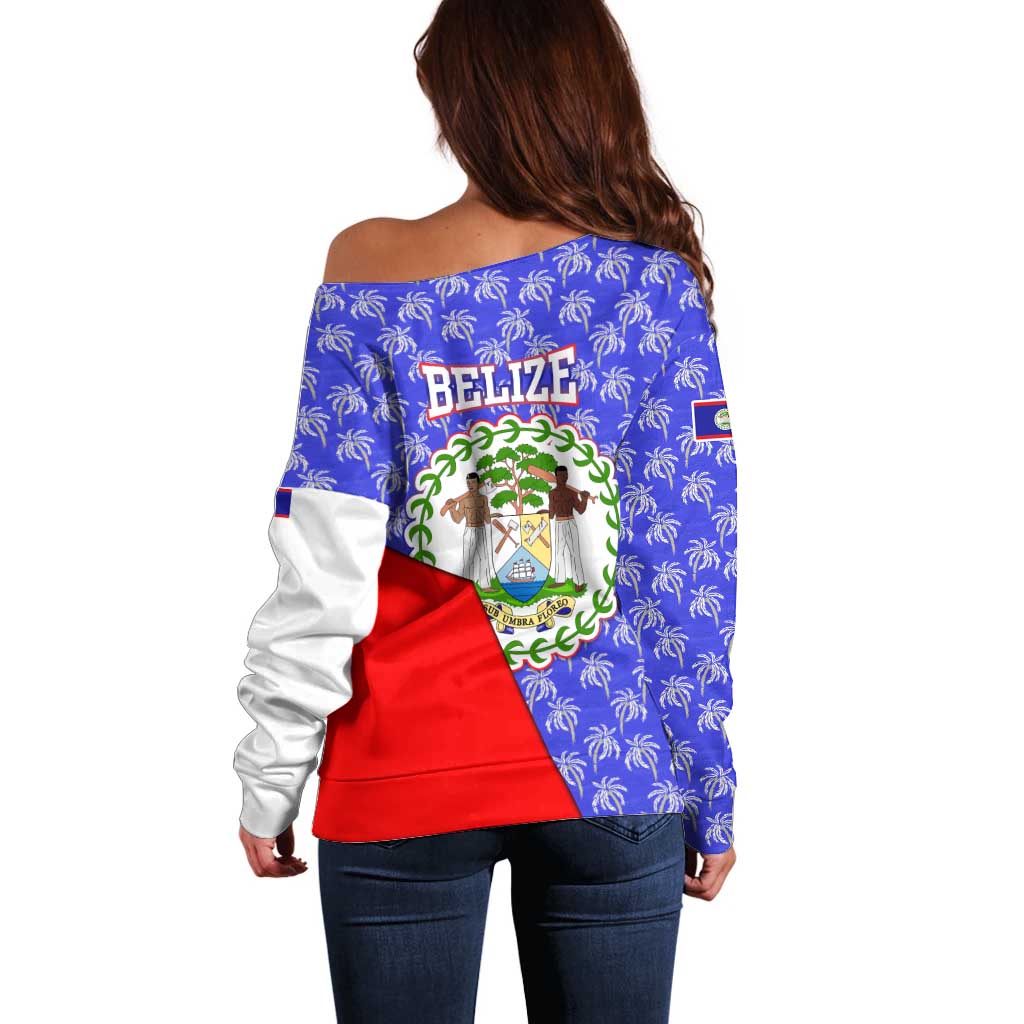 Belize Coat of Arms Off Shoulder Sweater with Palm Pattern and Split Red Blue Design