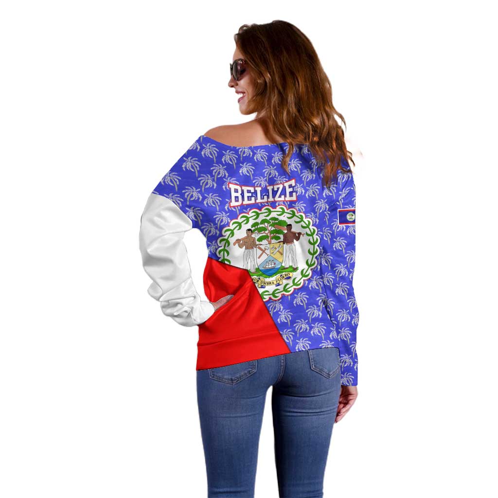 Belize Coat of Arms Off Shoulder Sweater with Palm Pattern and Split Red Blue Design