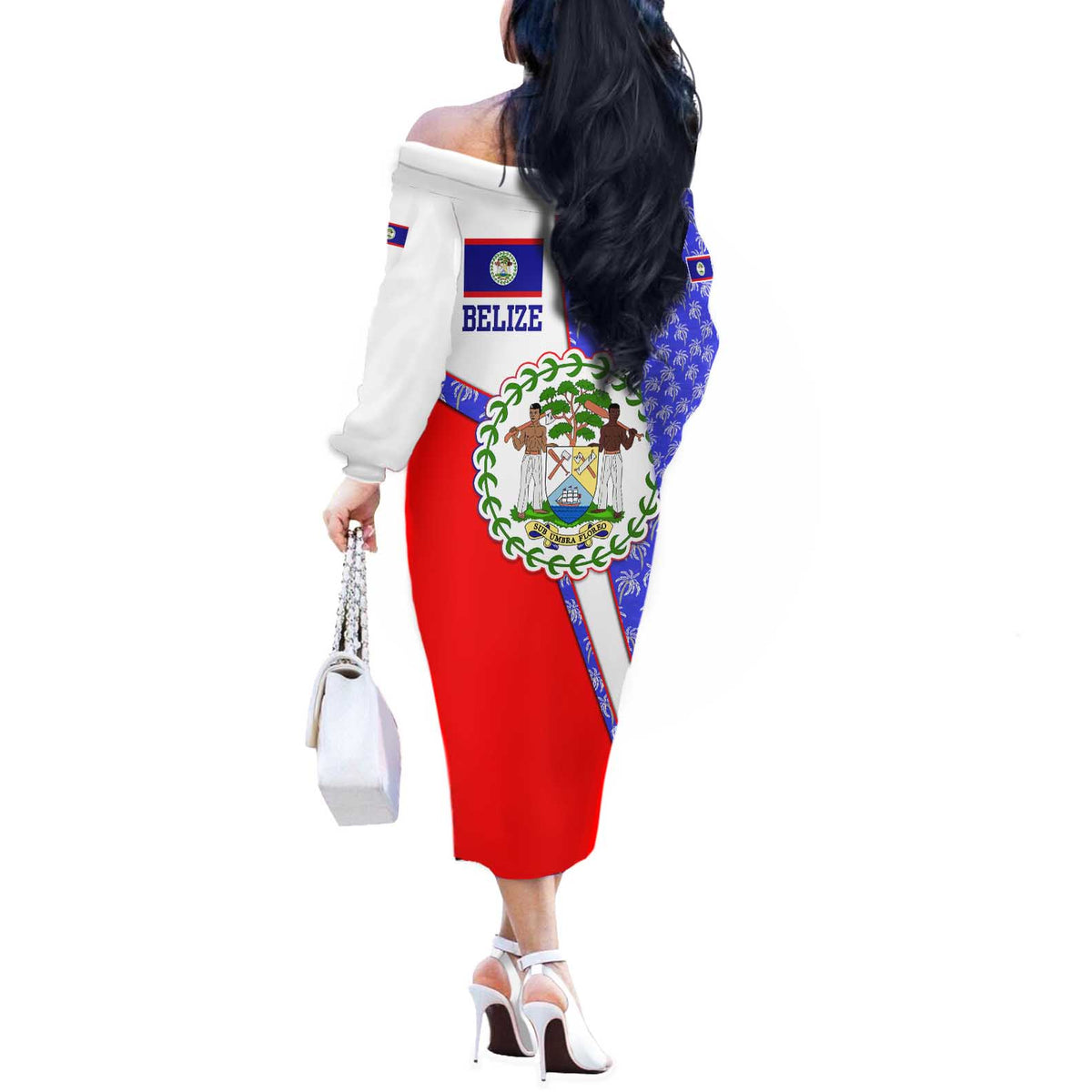 Belize Coat of Arms Off The Shoulder Long Sleeve Dress with Palm Pattern and Split Red Blue Design
