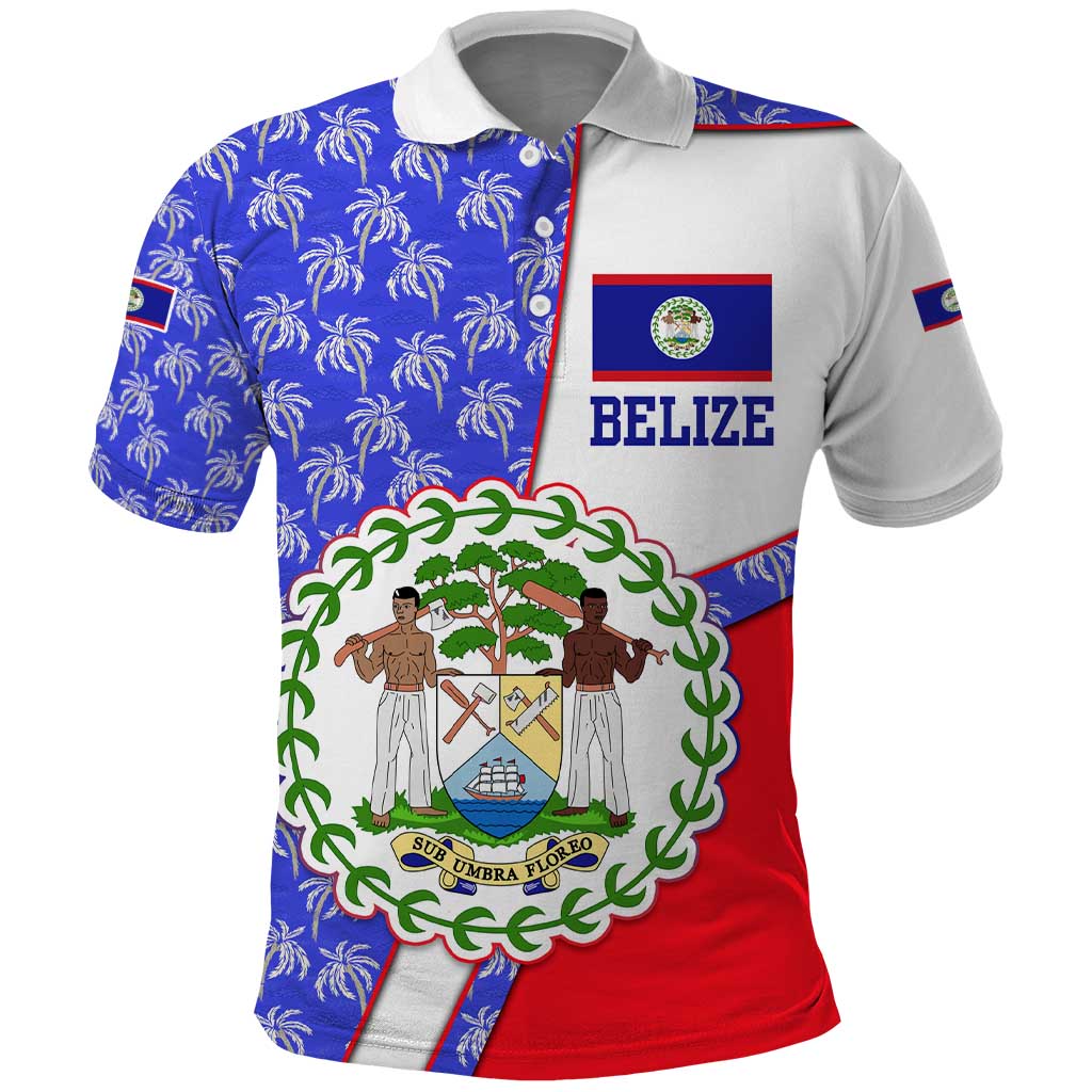 Belize Coat of Arms Polo Shirt with Palm Pattern and Split Red Blue Design