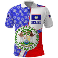 Belize Coat of Arms Polo Shirt with Palm Pattern and Split Red Blue Design