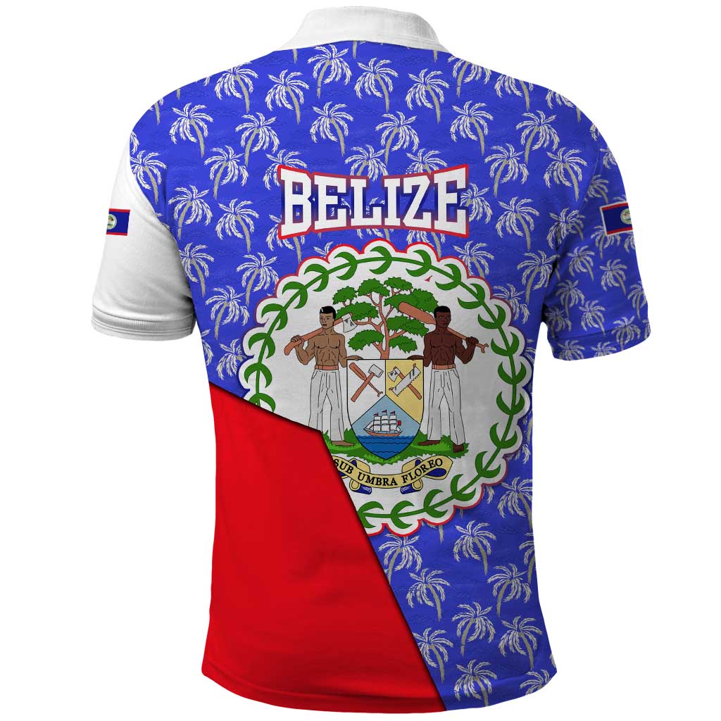 Belize Coat of Arms Polo Shirt with Palm Pattern and Split Red Blue Design