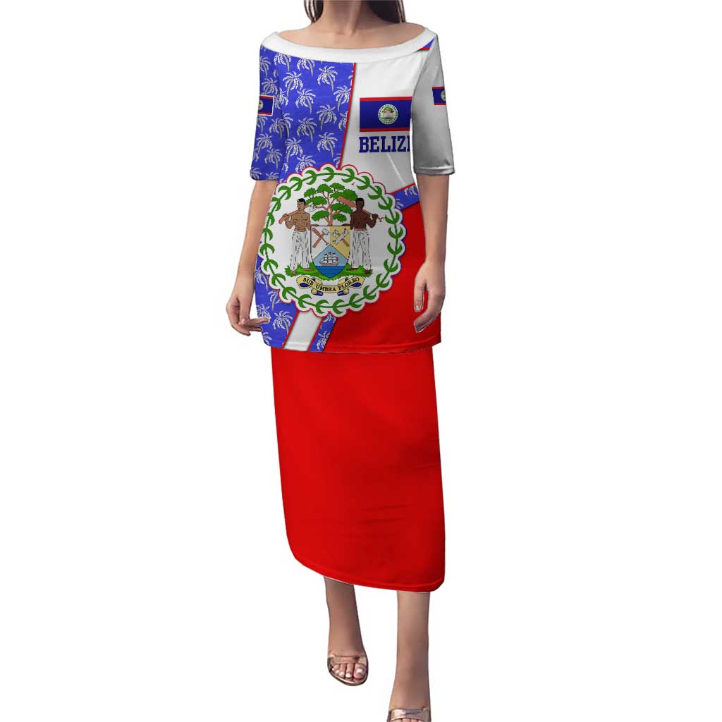 Belize Coat of Arms Puletasi with Palm Pattern and Split Red Blue Design
