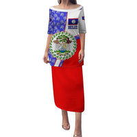 Belize Coat of Arms Puletasi with Palm Pattern and Split Red Blue Design