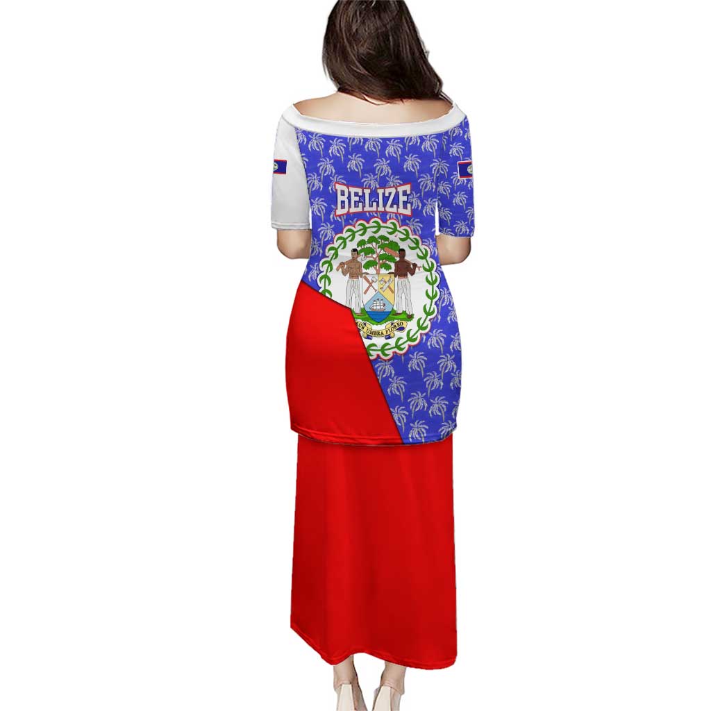 Belize Coat of Arms Puletasi with Palm Pattern and Split Red Blue Design
